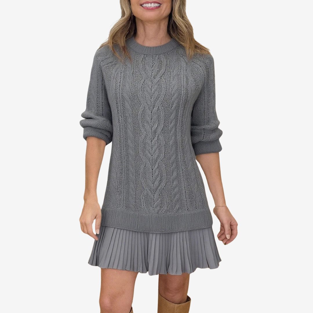 Clara - Cable Knit Sweater Dress with Pleated Hem