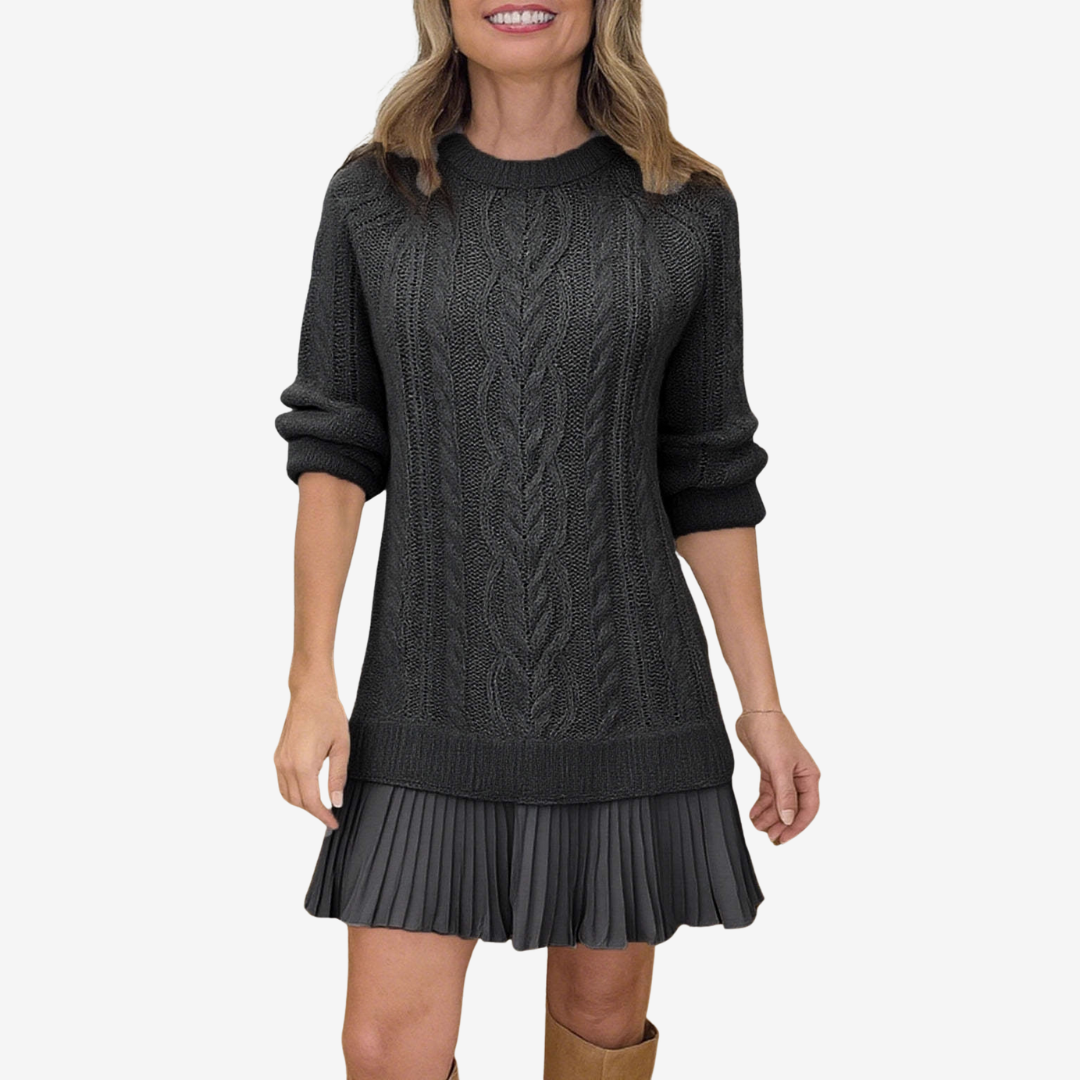 Clara - Cable Knit Sweater Dress with Pleated Hem