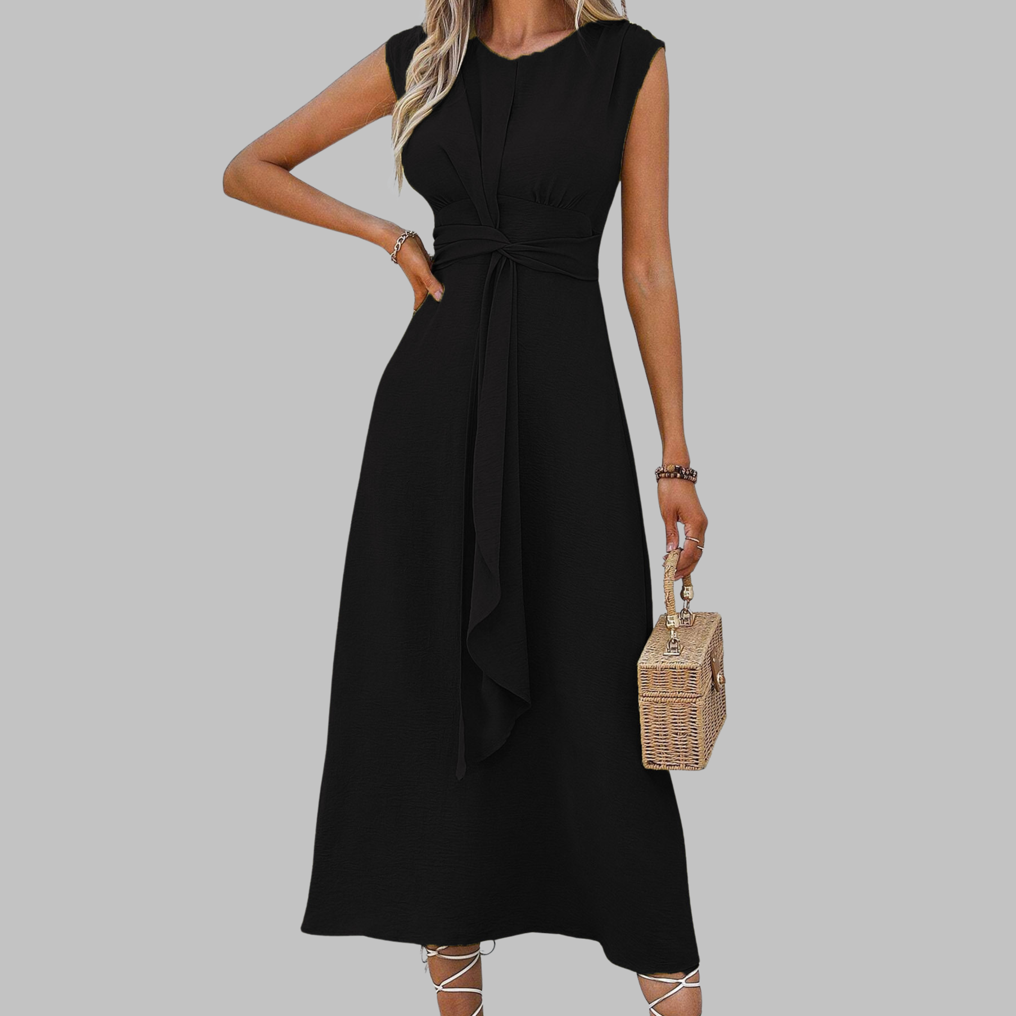 Sophia - Sleeveless Midi Dress with Waist Tie
