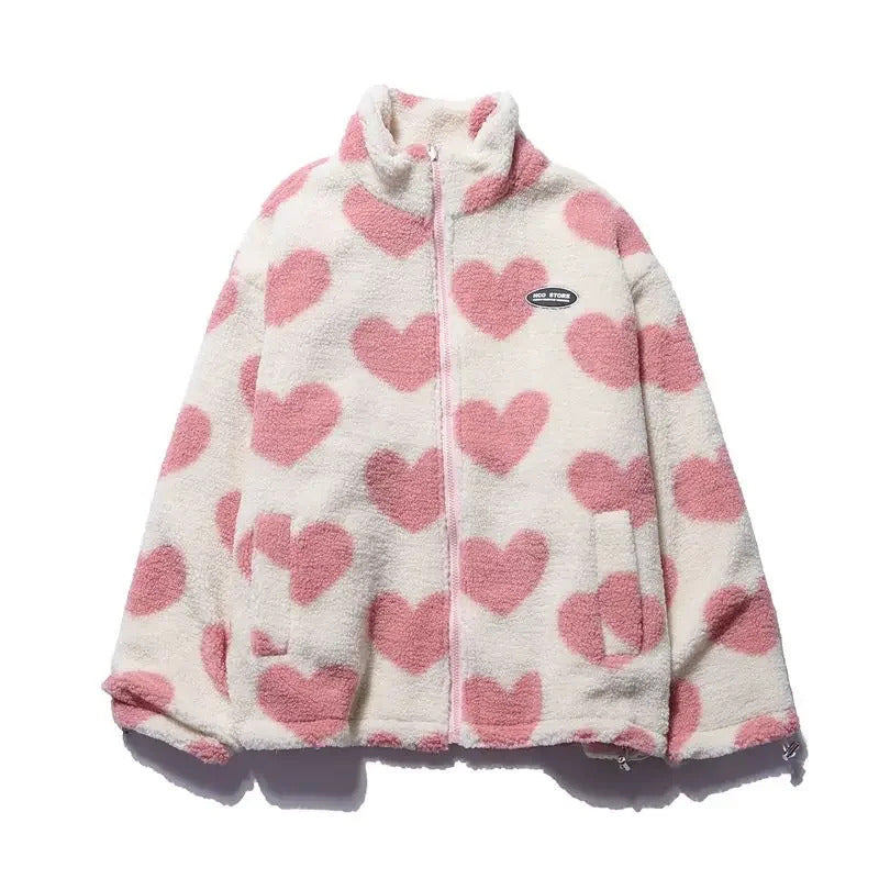 Daria - Women's Reversible Heart Print Fleece Jacket