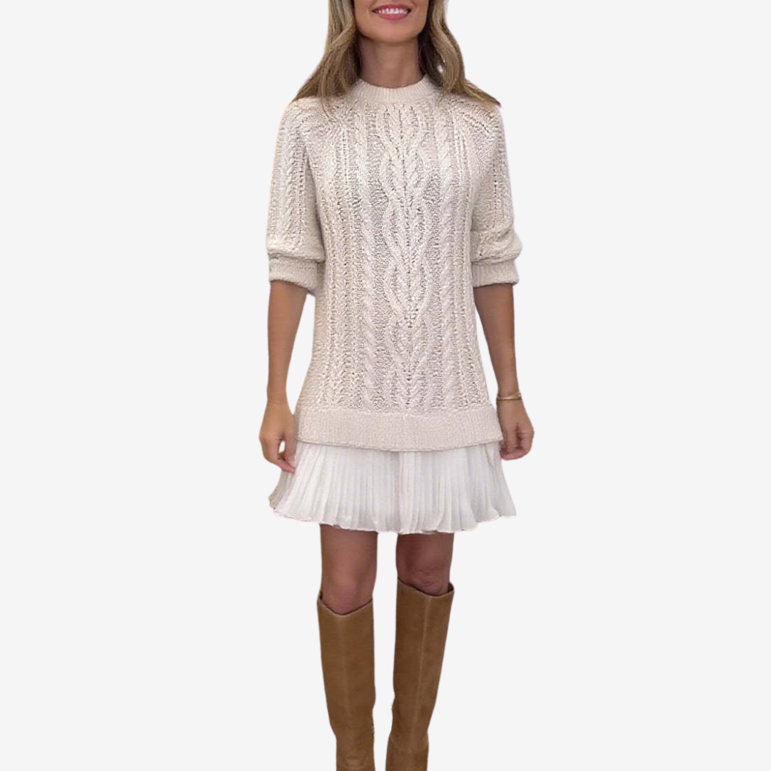 Clara - Cable Knit Sweater Dress with Pleated Hem