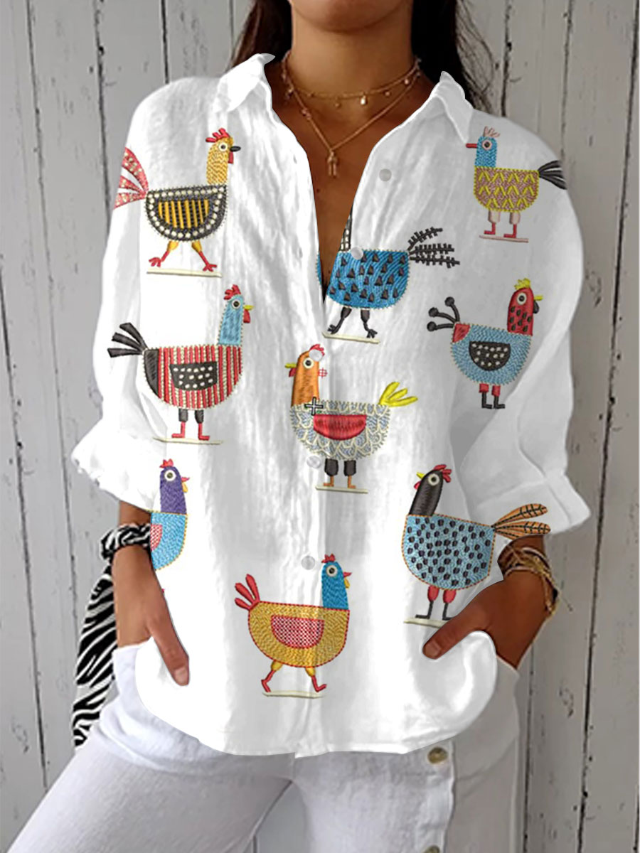 Ingrid - Playful Button-Up Shirt with Colorful Chicken Print