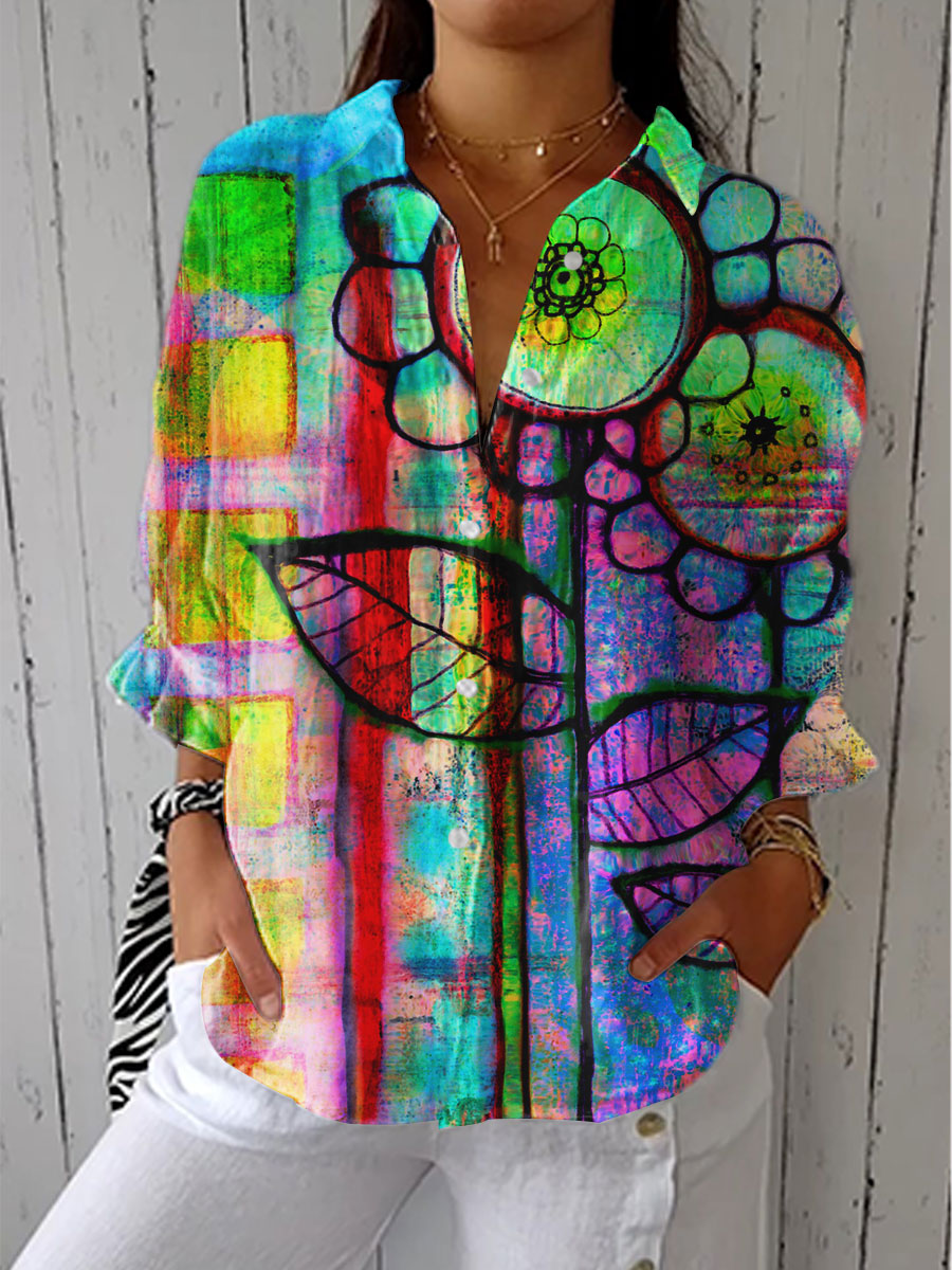 Fenna - Colorful Artistic Button-Up Shirt with Bold Floral Design