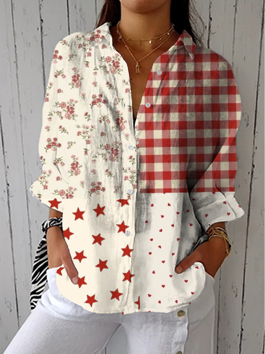 Elise - Patchwork Floral & Gingham Button-Up Shirt