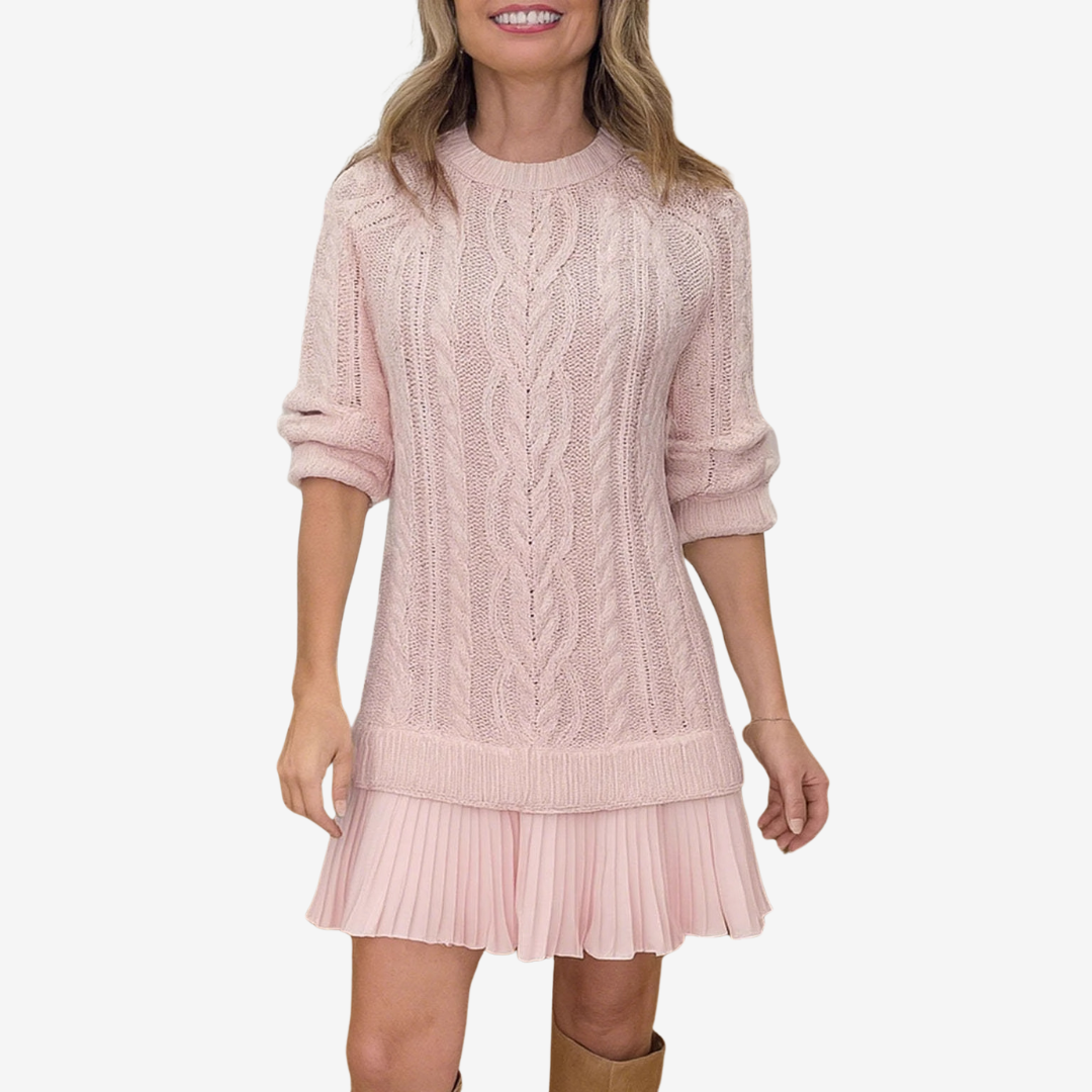 Clara - Cable Knit Sweater Dress with Pleated Hem