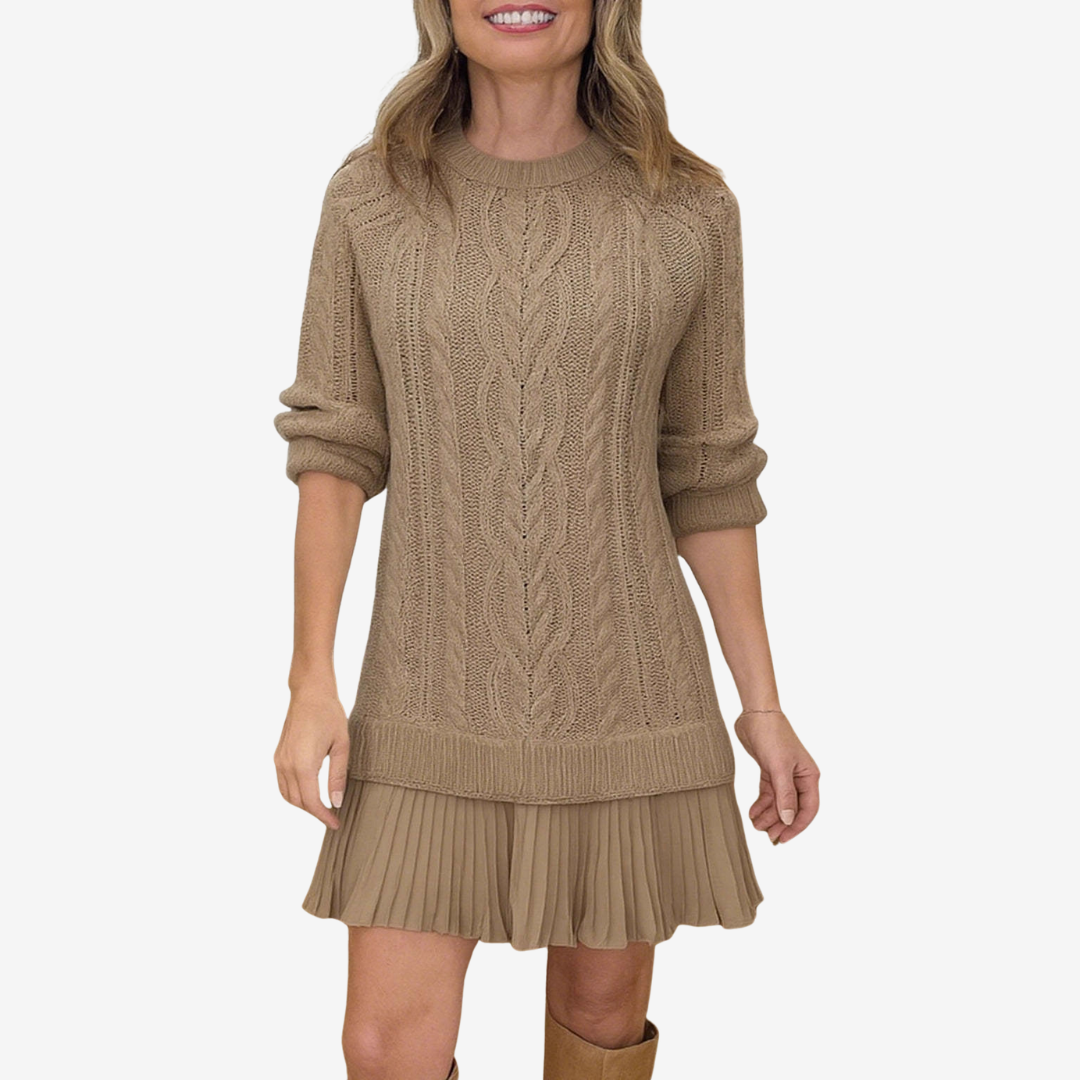 Clara - Cable Knit Sweater Dress with Pleated Hem