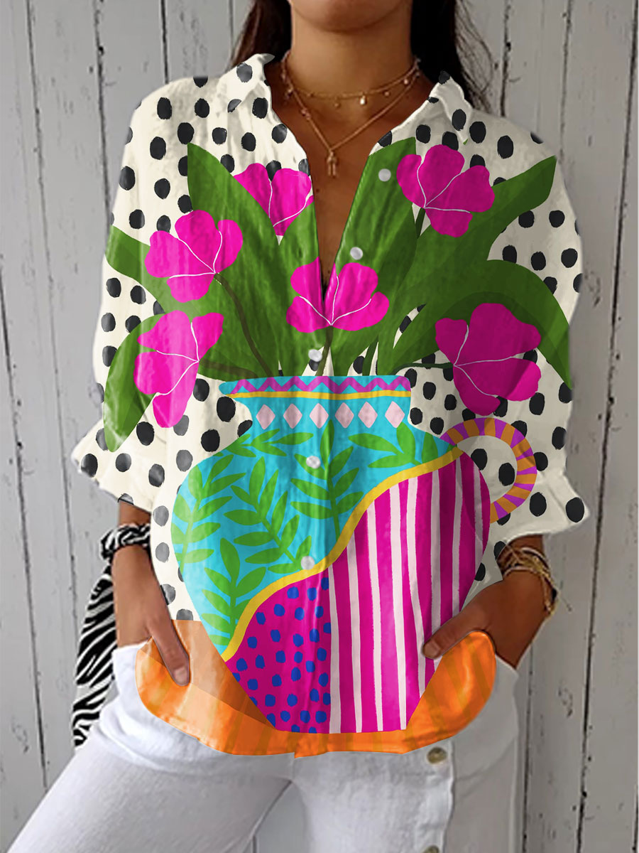 Amara - Bold Polka Dot Vase & Florals Blouse
