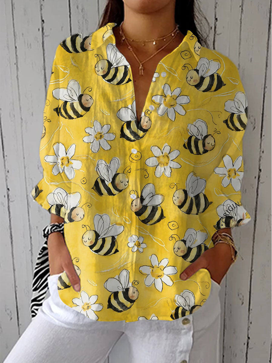 Franka - Playful Bee & Daisy Button-Up Shirt