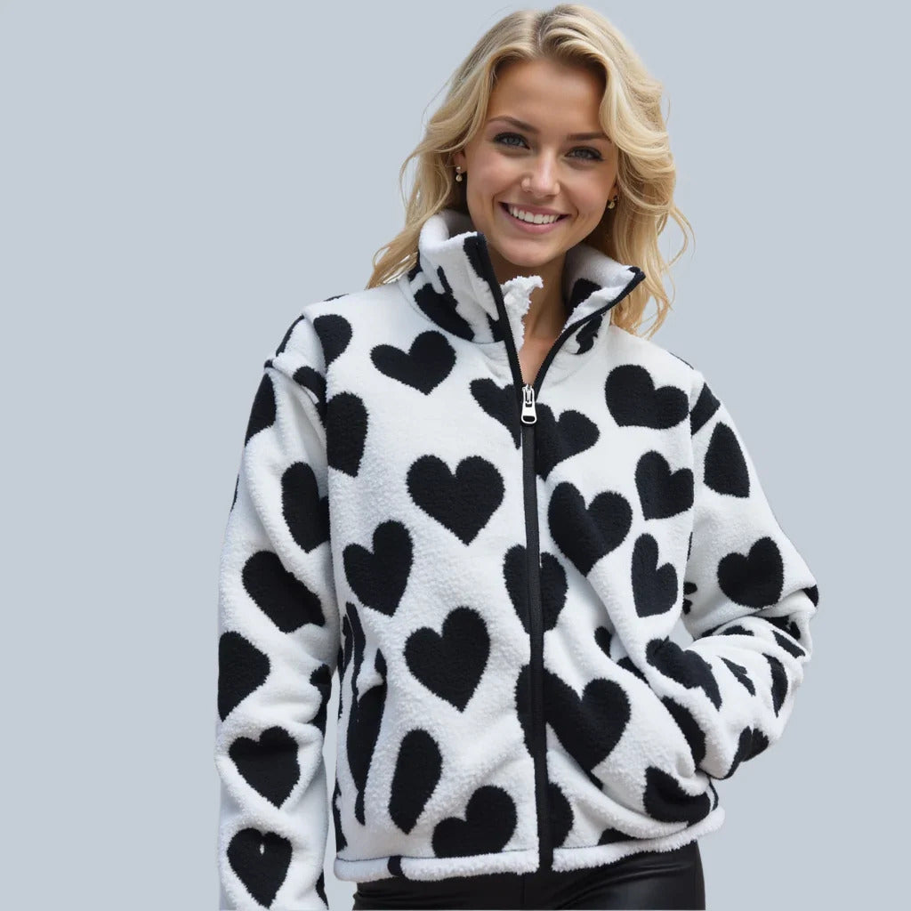 Daria - Women's Reversible Heart Print Fleece Jacket