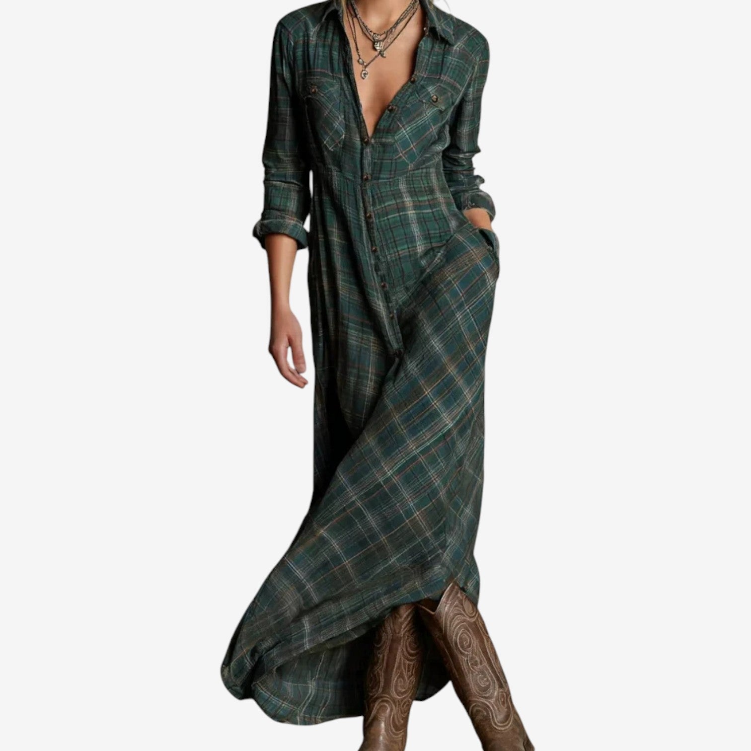 Cecile - Vintage Plaid Maxi Shirt Dress