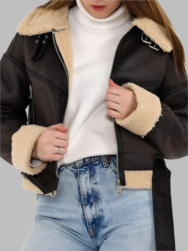 Ines - Cropped Shearling Aviator Jacket