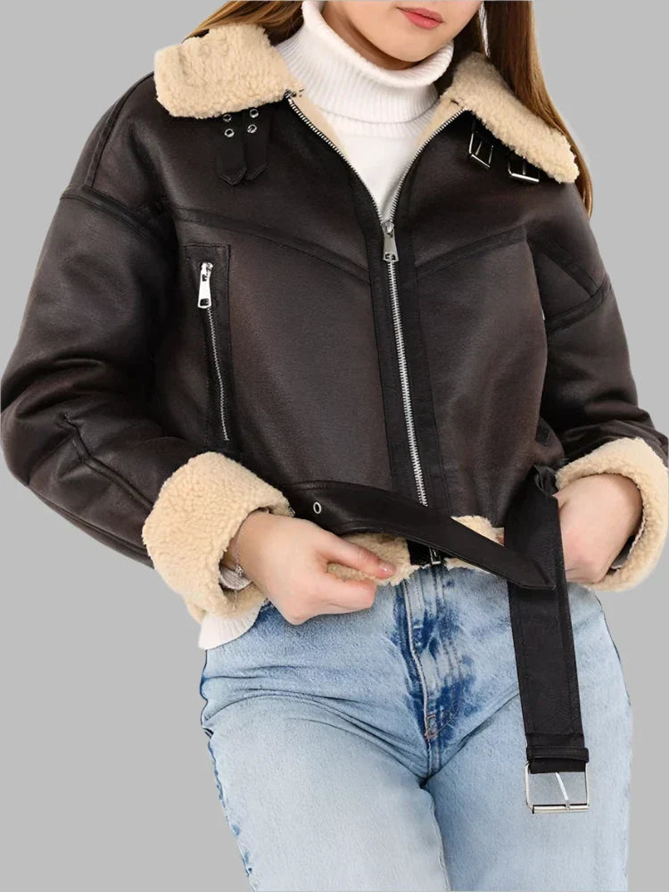 Ines - Cropped Shearling Aviator Jacket