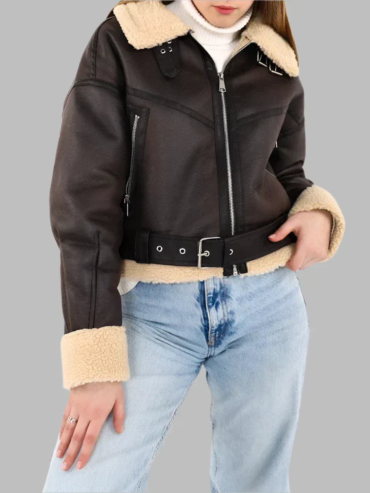 Ines - Cropped Shearling Aviator Jacket