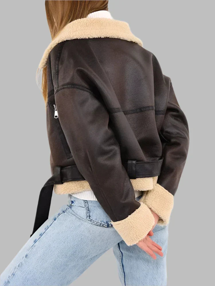 Ines - Cropped Shearling Aviator Jacket