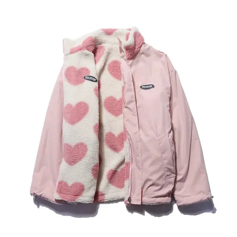 Daria - Women's Reversible Heart Print Fleece Jacket