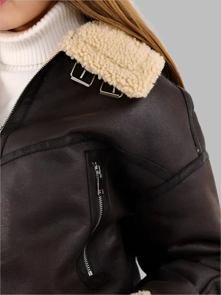 Ines - Cropped Shearling Aviator Jacket