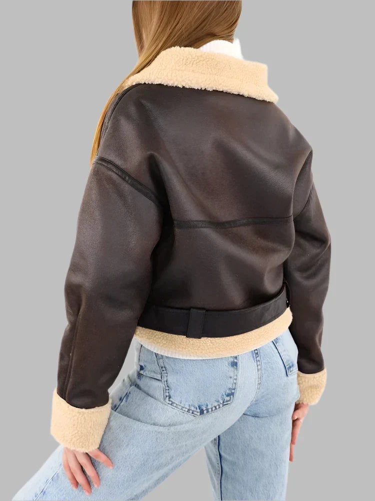Ines - Cropped Shearling Aviator Jacket