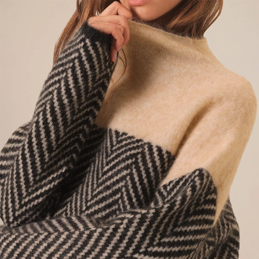 Adelie - High Neck Two-Tone Knit Sweater