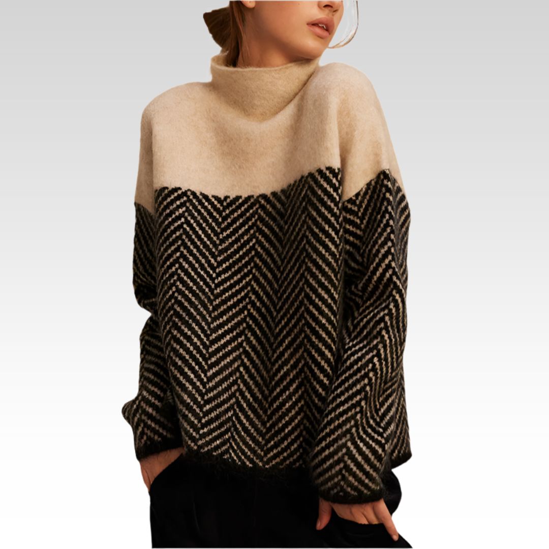 Adelie - High Neck Two-Tone Knit Sweater