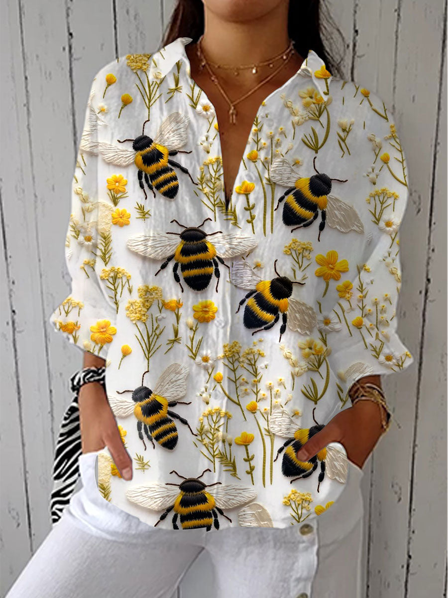 Fiorine - White Button-Up Shirt with Bee & Floral Print