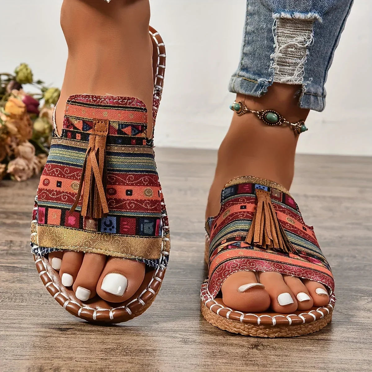 Lorraine - Boho Tassel Sandals Casual Slip-On Flats