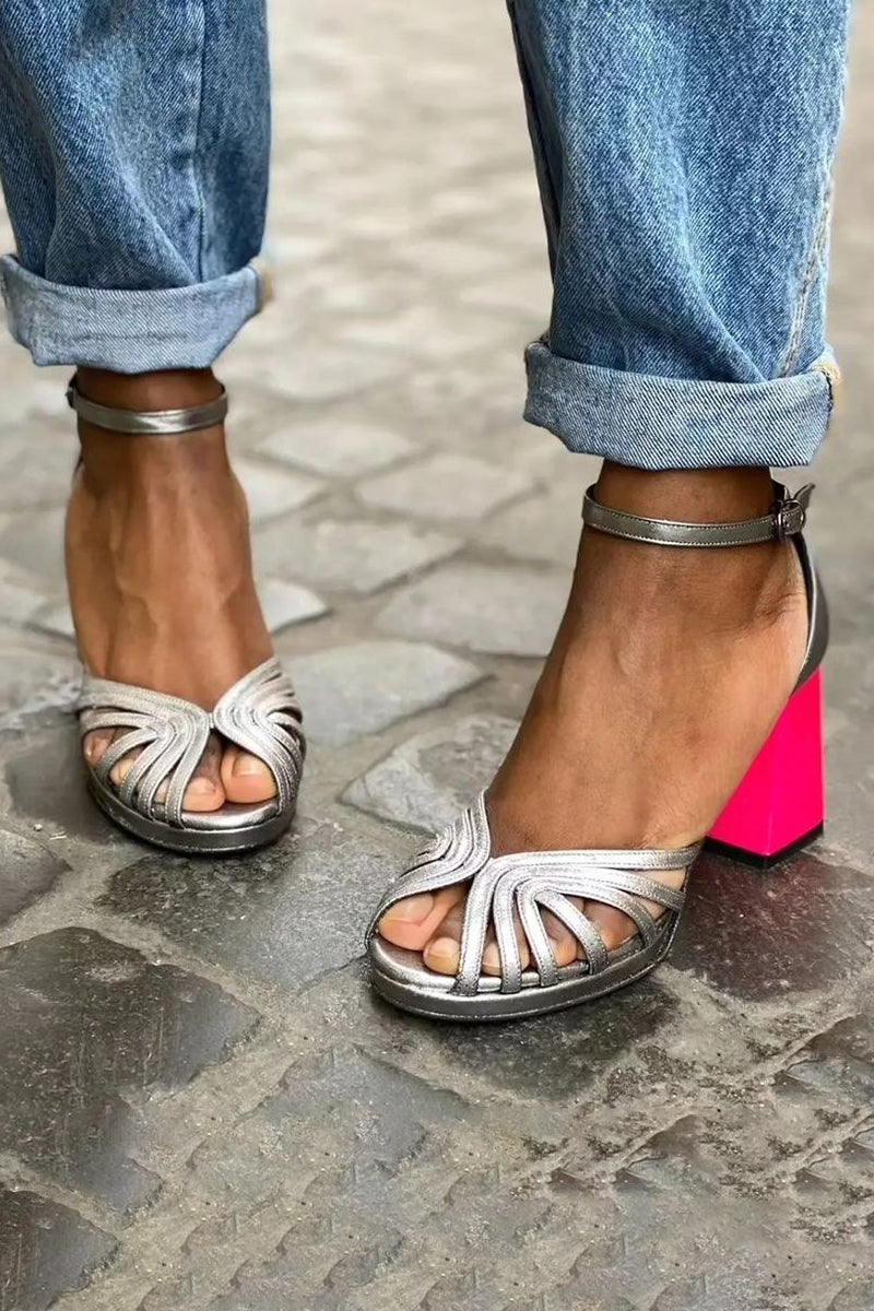 Seraphina - Shiny Sandals with Chunky Heel and Elegant Buckle