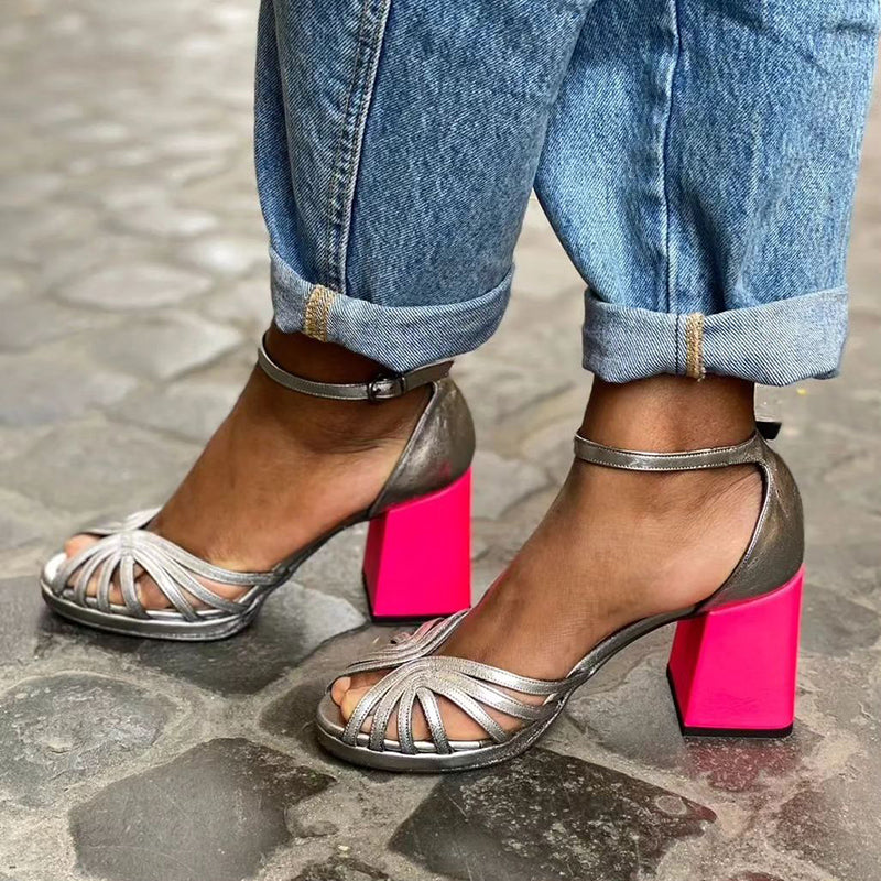 Seraphina - Shiny Sandals with Chunky Heel and Elegant Buckle