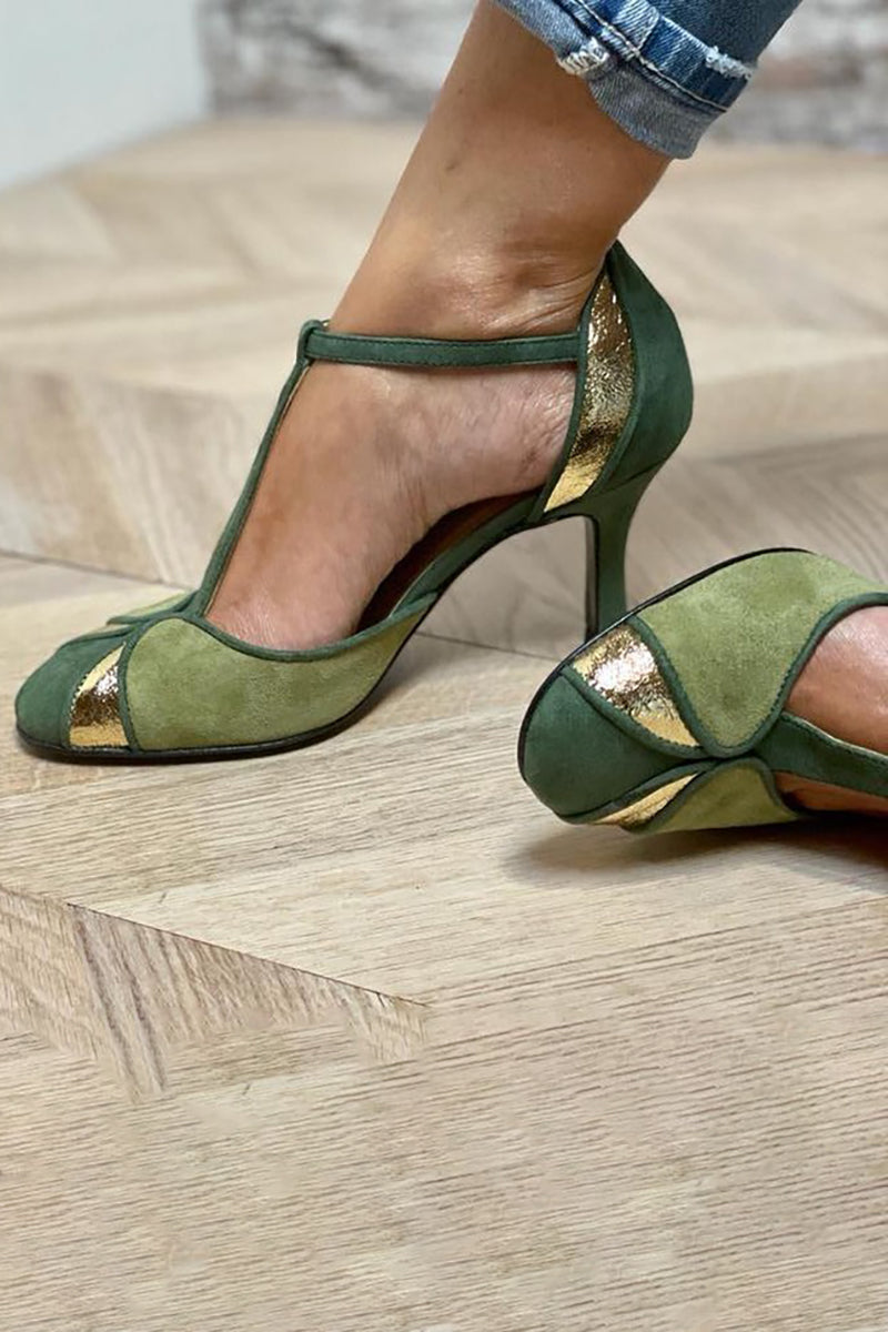 Taviana - Patchwork Heels with T-Strap and Closed Toe