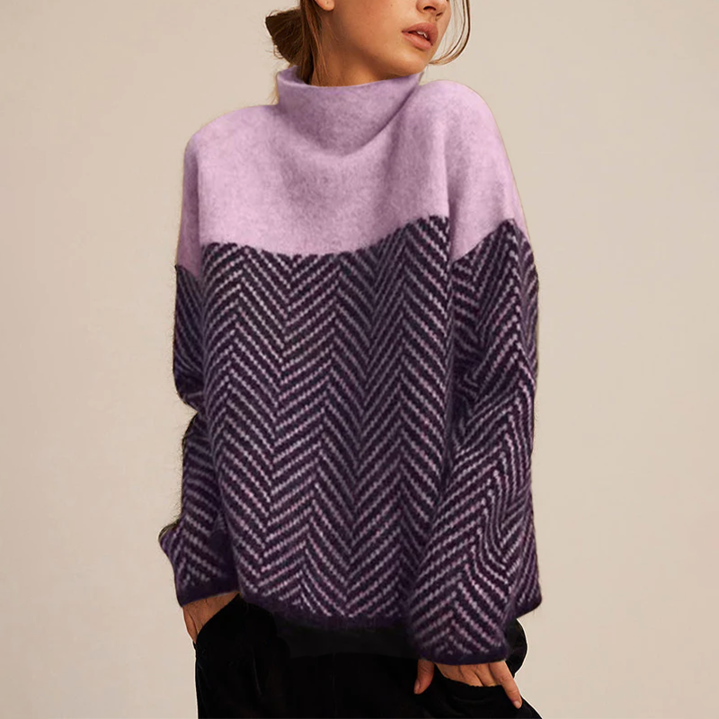 Adelie - High Neck Two-Tone Knit Sweater
