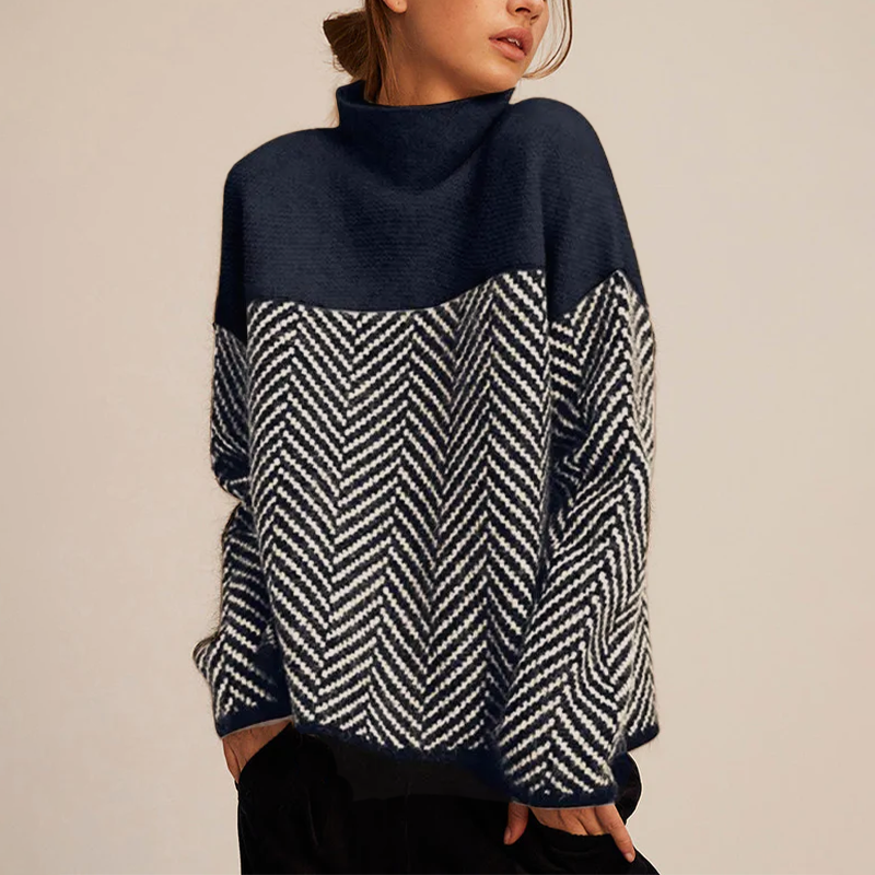 Adelie - High Neck Two-Tone Knit Sweater