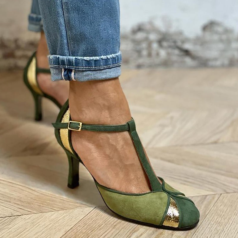 Taviana - Patchwork Heels with T-Strap and Closed Toe