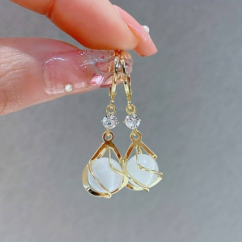 Vintage Gold Dangle Earrings with White Opal