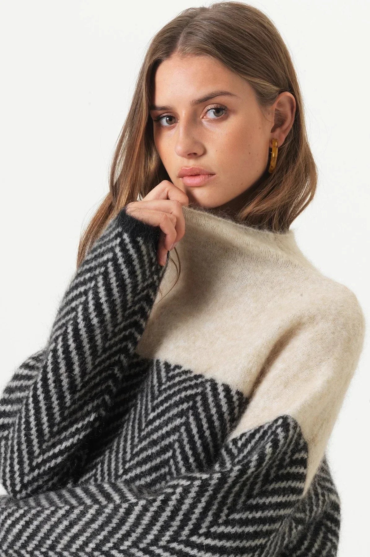 Adelie - High Neck Two-Tone Knit Sweater