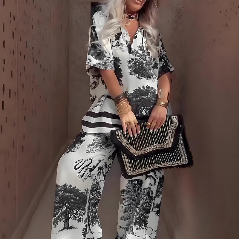 Elodie - Printed V-Neck Top & Pants Set